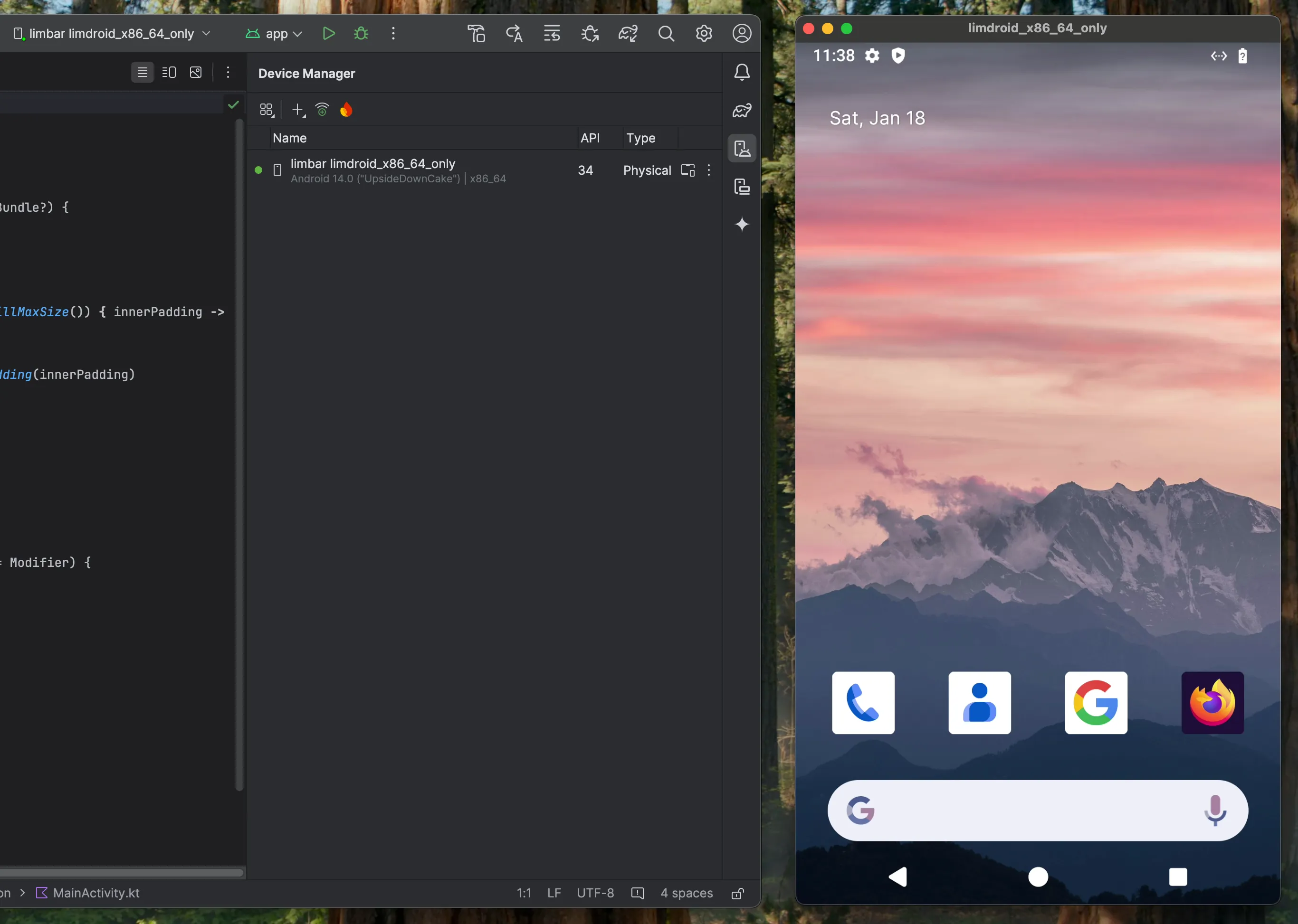 Android Studio working with Limbar emulator instance