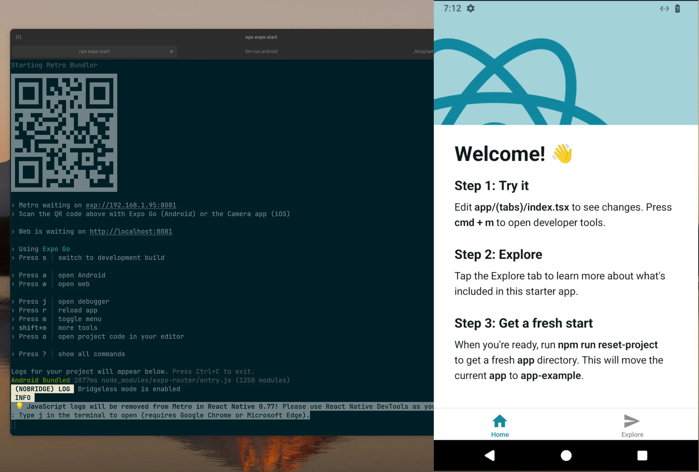 Expo running with Limbar Android Emulator