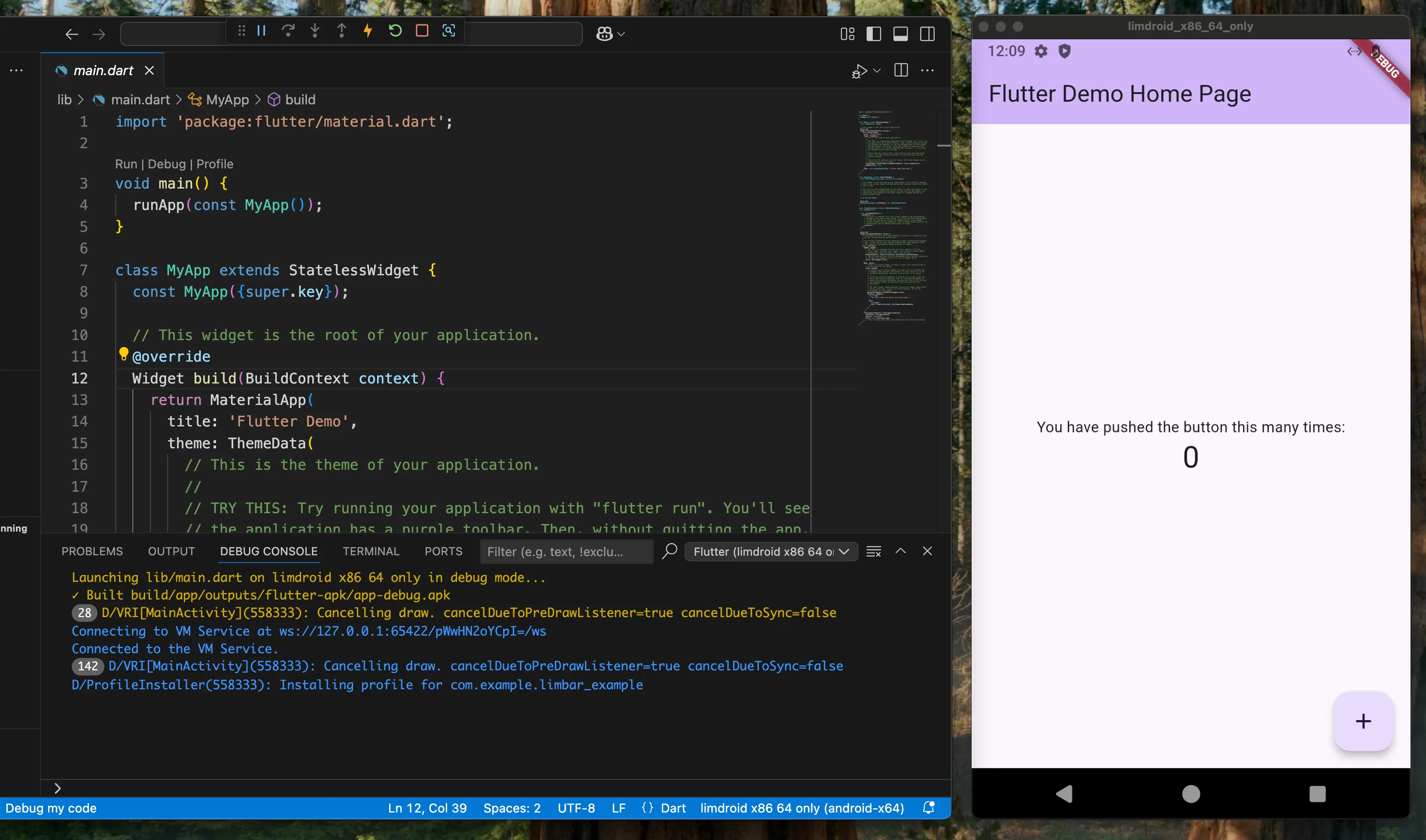 Flutter app running on Limbar emulator instance via VS Code